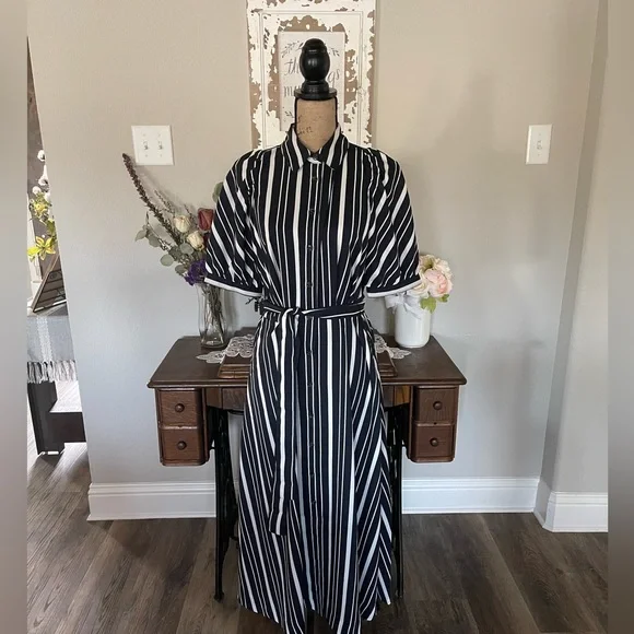 ann taylor striped shirt dress Ann Taylor Petite Crossover Collared Midi Shirtdress Black Women's at CoolSprings Galleria in Franklin, TN